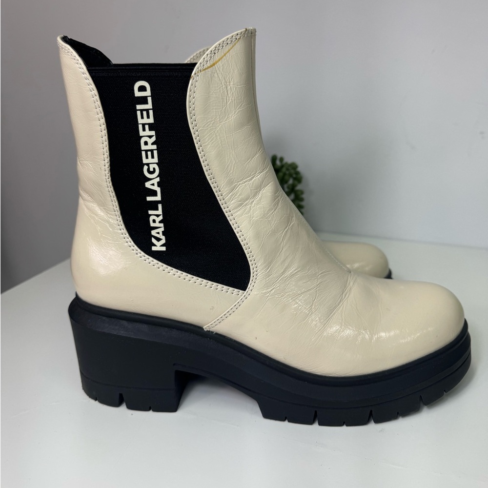 Karl Lagerfeld Cream Colored Patent Chelsea Boots, Women’s 9 - Picture 3 of 8